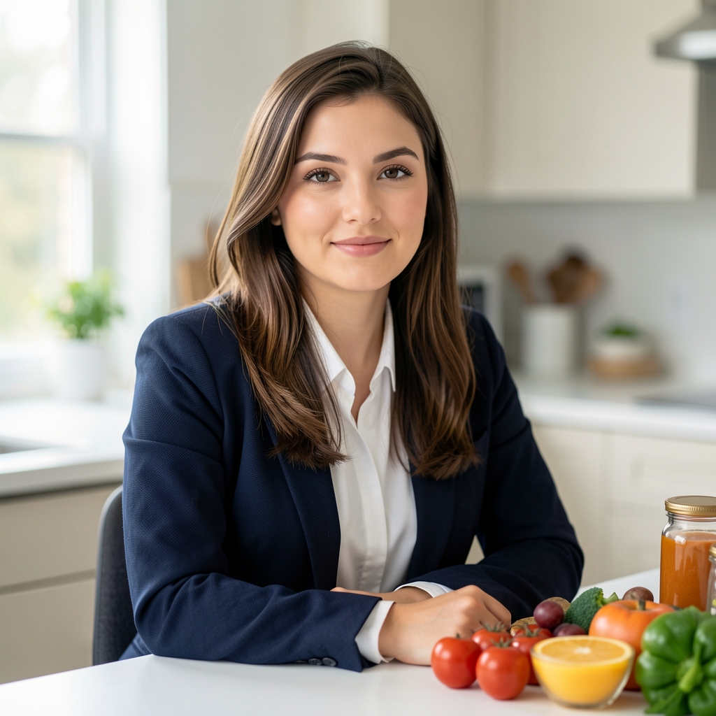 Portrait of Phoebe Ashcroft, contributing editor, seated at a clean kitchen workspace with natural light and a selection of whole foods visible