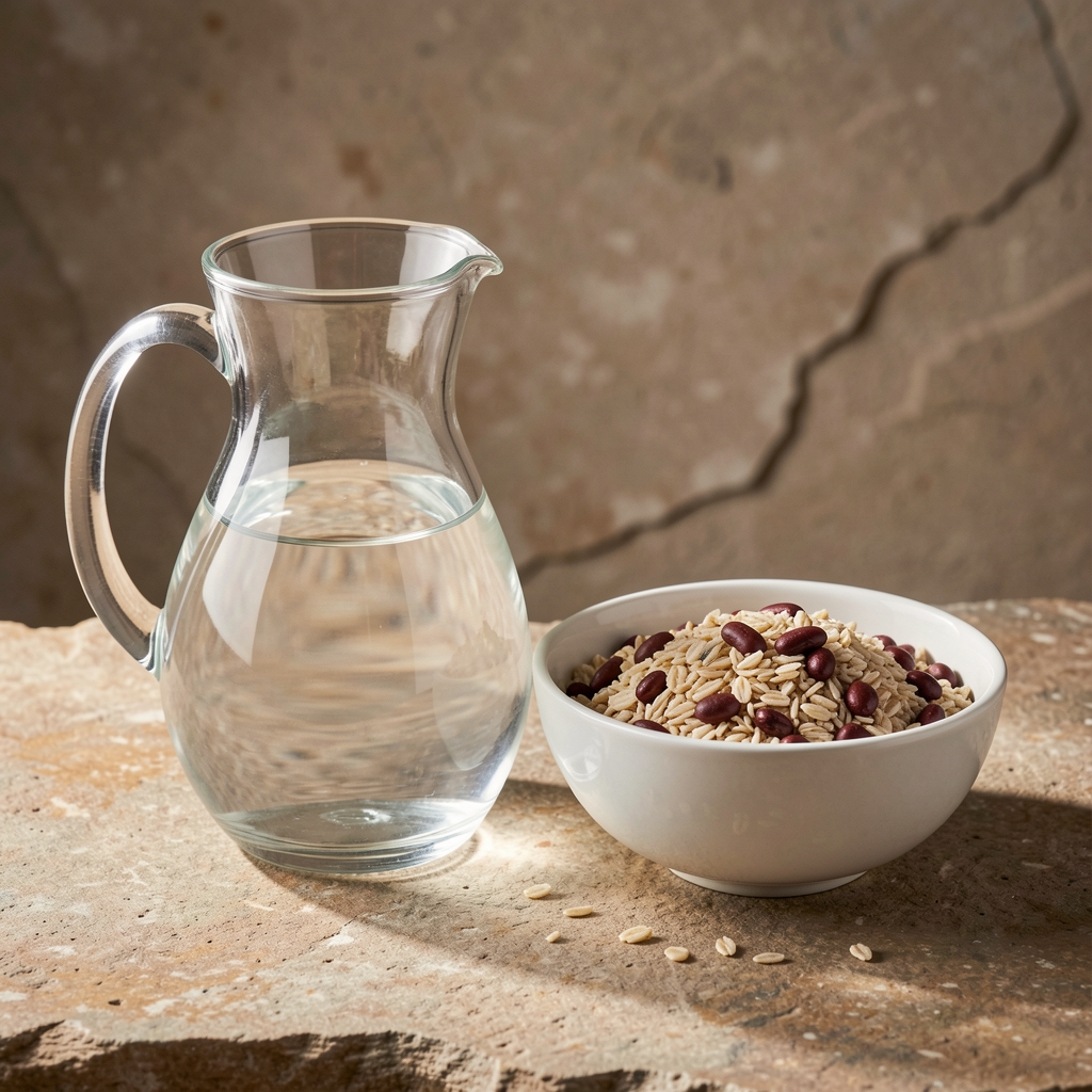 Glass water pitcher alongside a bowl of fibre-rich grains and legumes on a textured stone surface with controlled studio lighting
