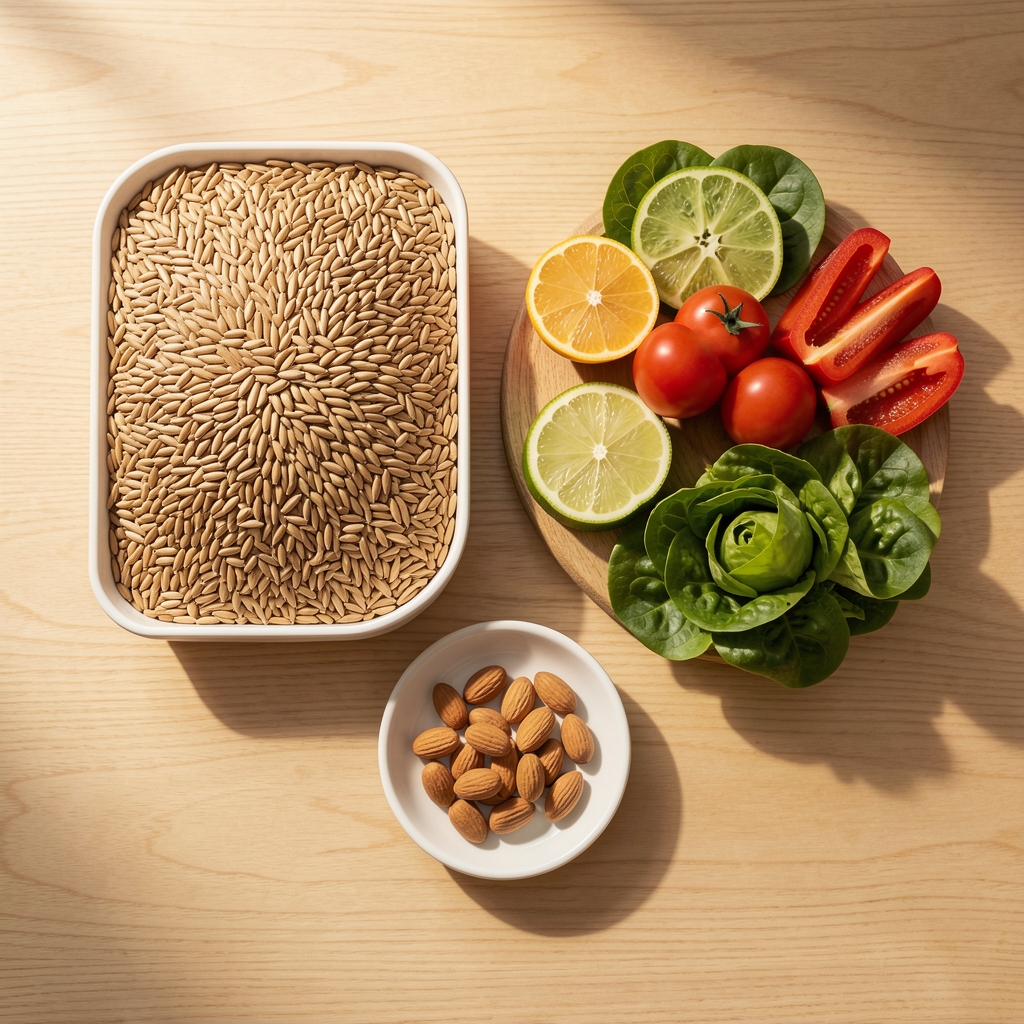 Flat lay of organised food groups on a clean wooden surface: grains in one section, fresh vegetables in another, and a small dish of olive oil with scattered nuts under warm daylight